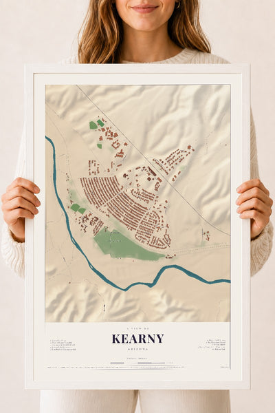 Kearny, Arizona map print, 18" x 24", W/ White Ayous Wood Frame