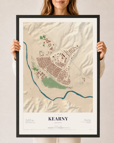 Kearny, Arizona map print, 24" x 36", W/ Black Ayous Wood Frame