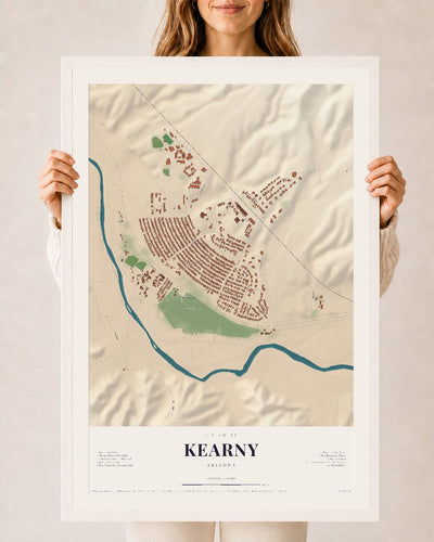 Kearny, Arizona map print, 24" x 36", W/ White Ayous Wood Frame