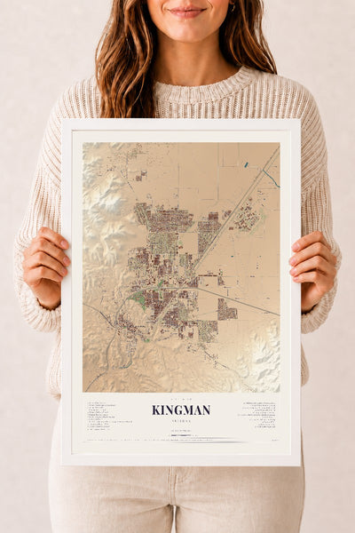 Kingman, Arizona map print, 12" x 18", W/ White Ayous Wood Frame