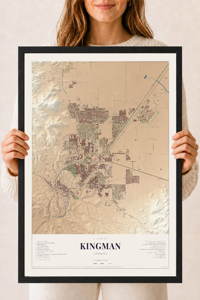 Kingman, Arizona map print, 18" x 24", W/ Black Ayous Wood Frame