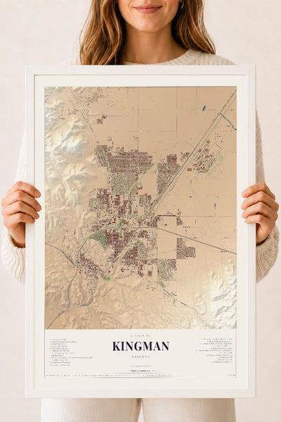 Kingman, Arizona map print, 18" x 24", W/ White Ayous Wood Frame