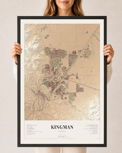 Kingman, Arizona map print, 24" x 36", W/ Black Ayous Wood Frame