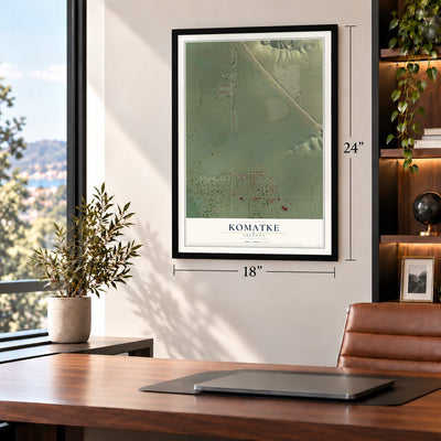 Komatke, Arizona map, 18 x 24 inch print in a black frame in a home office