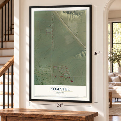 Komatke, Arizona map, 24 x 36 inch print in a black frame by a staircase