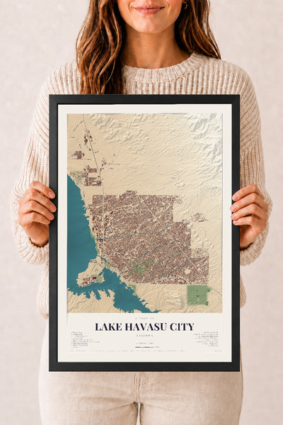 Lake Havasu City, Arizona map print, 12" x 18", W/ Black Ayous Wood Frame