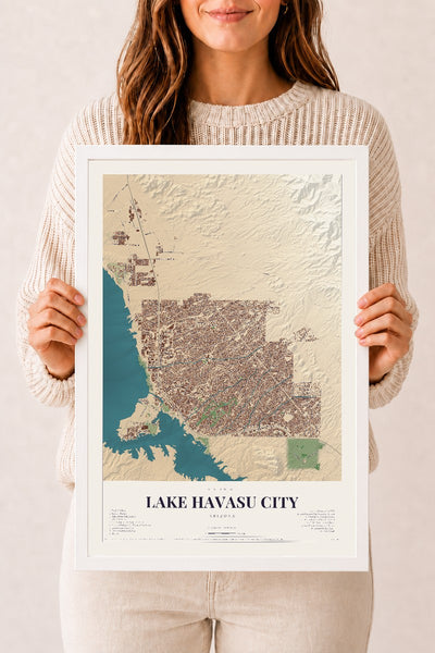 Lake Havasu City, Arizona map print, 12" x 18", W/ White Ayous Wood Frame