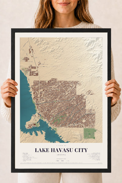 Lake Havasu City, Arizona map print, 18" x 24", W/ Black Ayous Wood Frame
