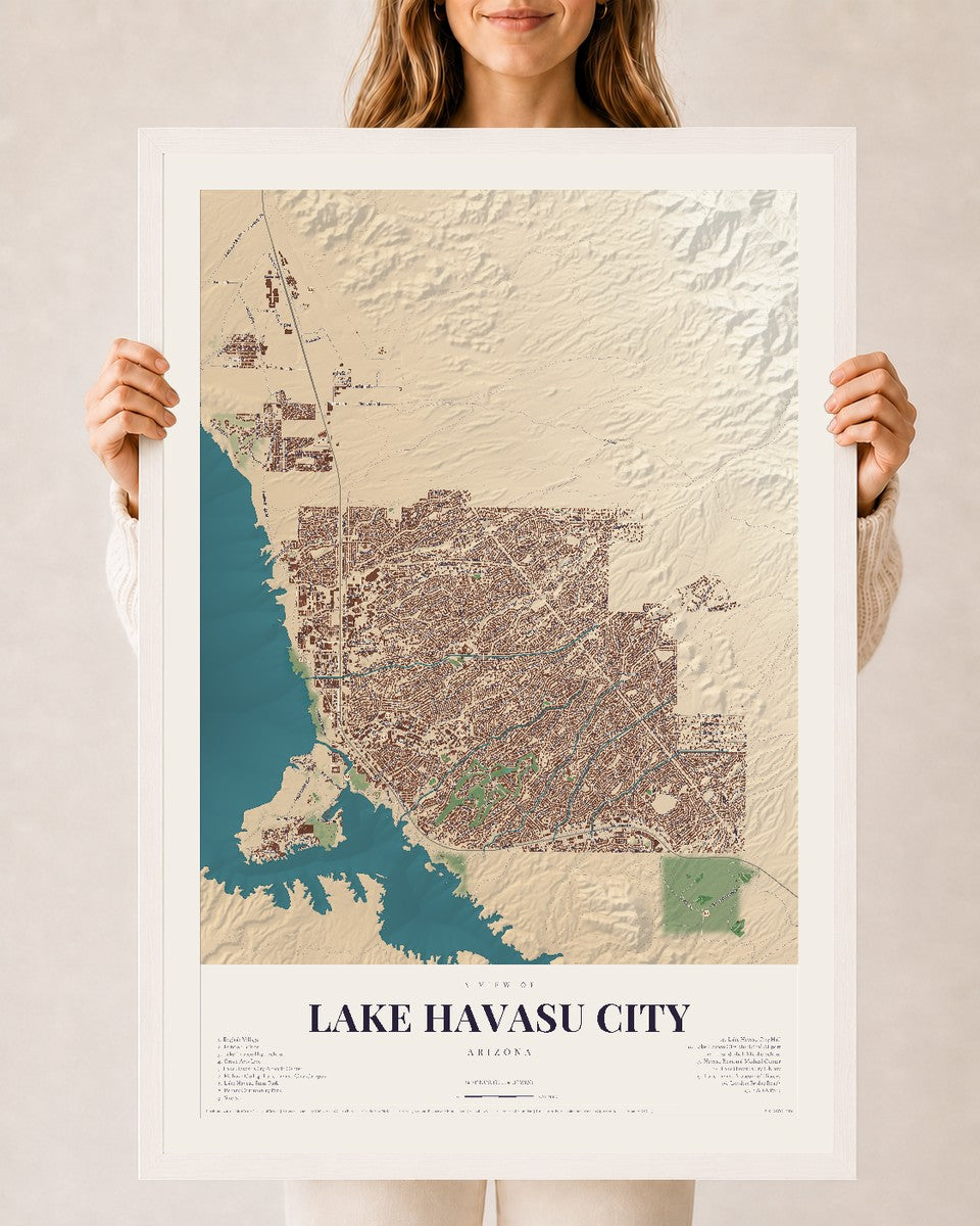 Lake Havasu City, Arizona map print, 24" x 36", W/ White Ayous Wood Frame