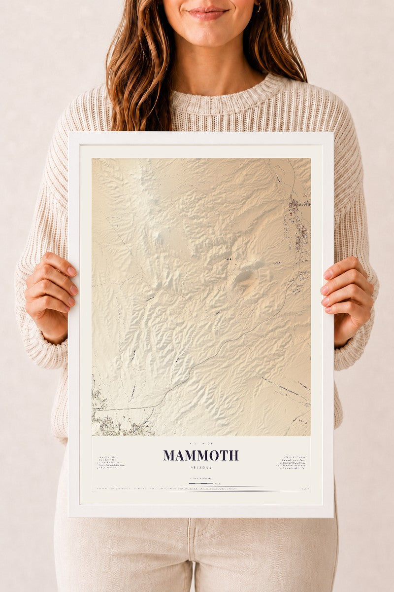Mammoth, Arizona map print, 12" x 18", W/ White Ayous Wood Frame