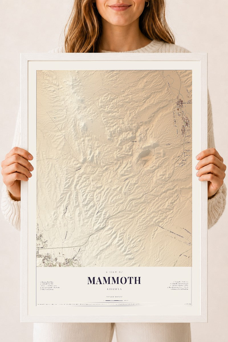 Mammoth, Arizona map print, 18" x 24", W/ White Ayous Wood Frame