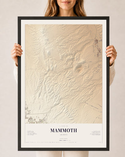 Mammoth, Arizona map print, 24" x 36", W/ Black Ayous Wood Frame