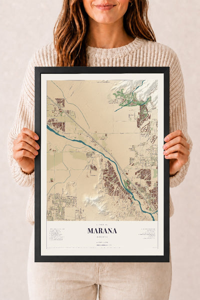 Marana, Arizona map print, 12" x 18", W/ Black Ayous Wood Frame