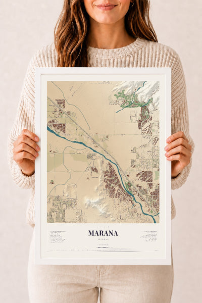 Marana, Arizona map print, 12" x 18", W/ White Ayous Wood Frame