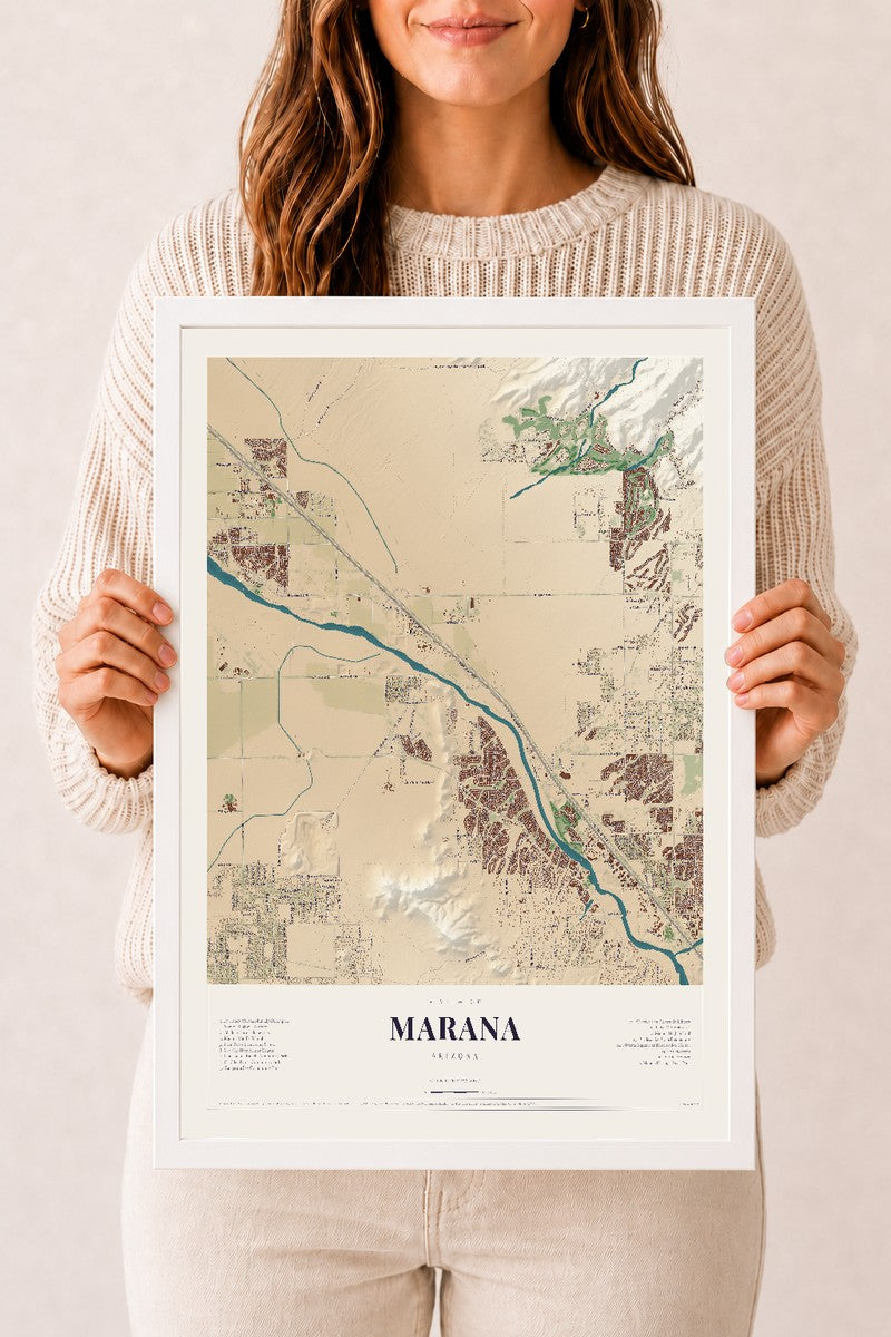 Marana, Arizona map print, 12" x 18", W/ White Ayous Wood Frame