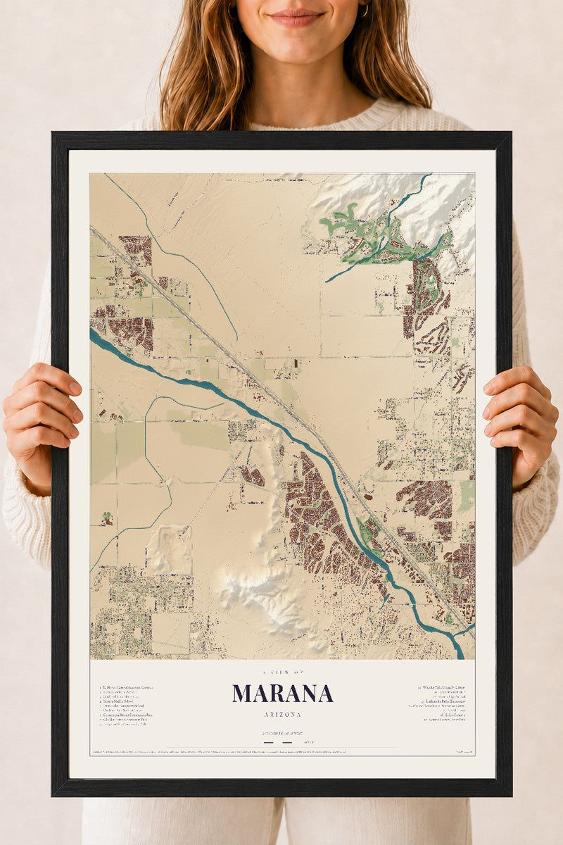 Marana, Arizona map print, 18" x 24", W/ Black Ayous Wood Frame