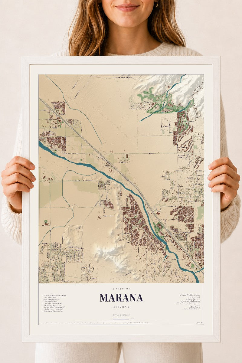 Marana, Arizona map print, 18" x 24", W/ White Ayous Wood Frame
