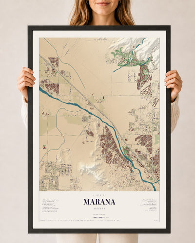 Marana, Arizona map print, 24" x 36", W/ Black Ayous Wood Frame