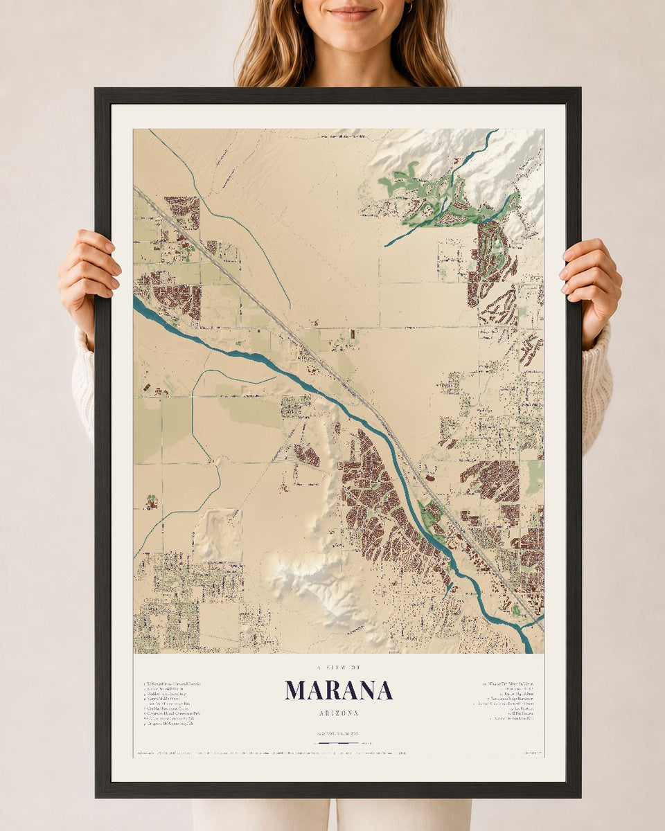 Marana, Arizona map print, 24" x 36", W/ Black Ayous Wood Frame
