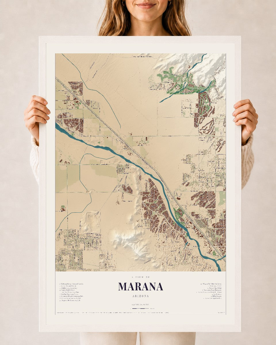 Marana, Arizona map print, 24" x 36", W/ White Ayous Wood Frame