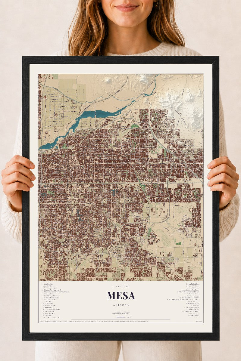 Mesa, Arizona map print, 18" x 24", W/ Black Ayous Wood Frame