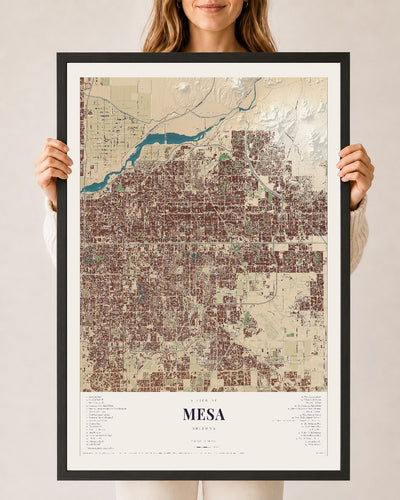 Mesa, Arizona map print, 24" x 36", W/ Black Ayous Wood Frame