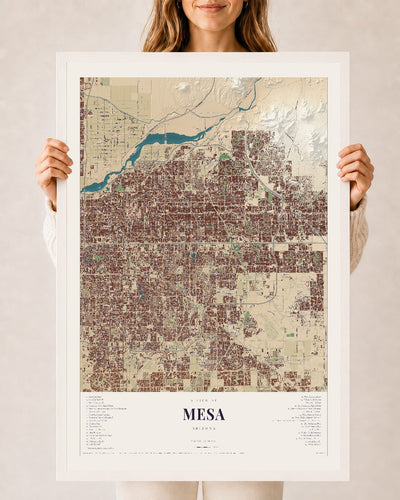 Mesa, Arizona map print, 24" x 36", W/ White Ayous Wood Frame