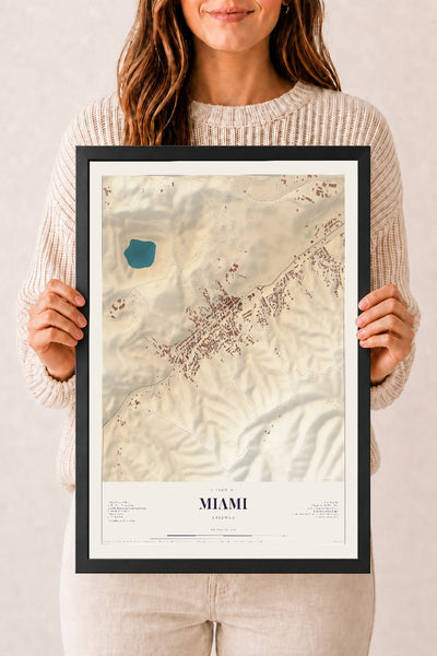 Miami, Arizona map print, 12" x 18", W/ Black Ayous Wood Frame