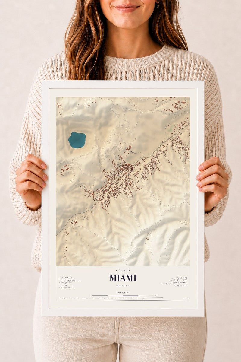 Miami, Arizona map print, 12" x 18", W/ White Ayous Wood Frame