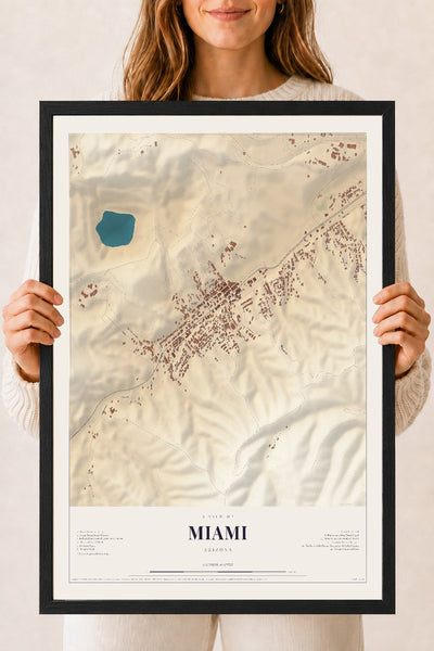 Miami, Arizona map print, 18" x 24", W/ Black Ayous Wood Frame