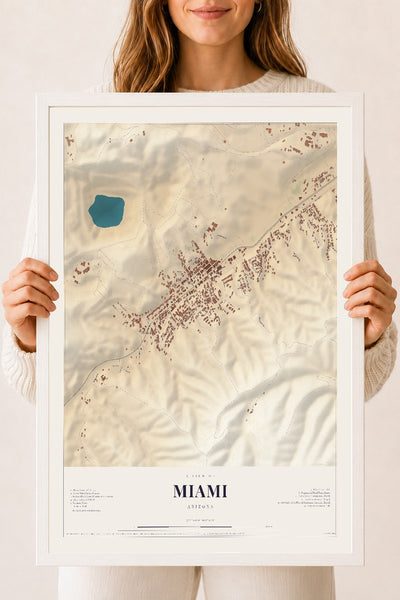 Miami, Arizona map print, 18" x 24", W/ White Ayous Wood Frame