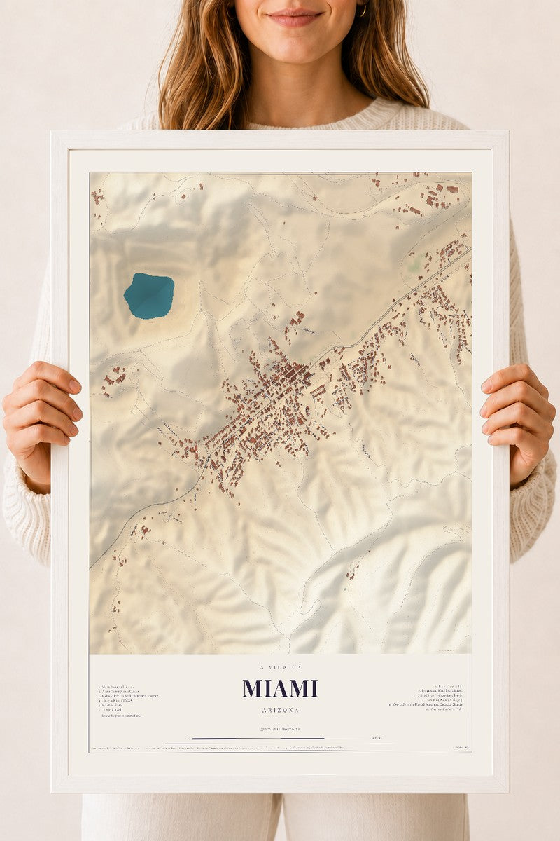 Miami, Arizona map print, 18" x 24", W/ White Ayous Wood Frame