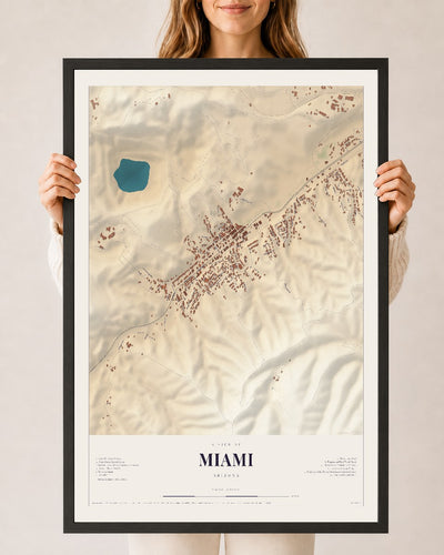 Miami, Arizona map print, 24" x 36", W/ Black Ayous Wood Frame