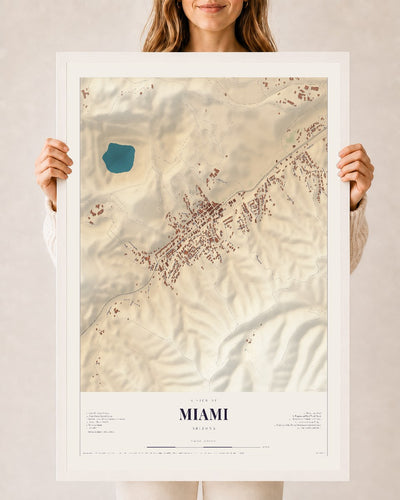 Miami, Arizona map print, 24" x 36", W/ White Ayous Wood Frame