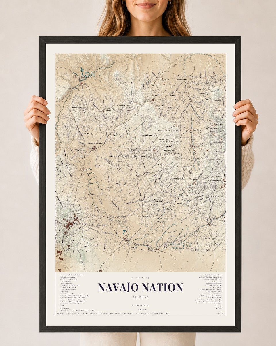 Navajo Nation, Arizona map print, 24" x 36", W/ Black Ayous Wood Frame