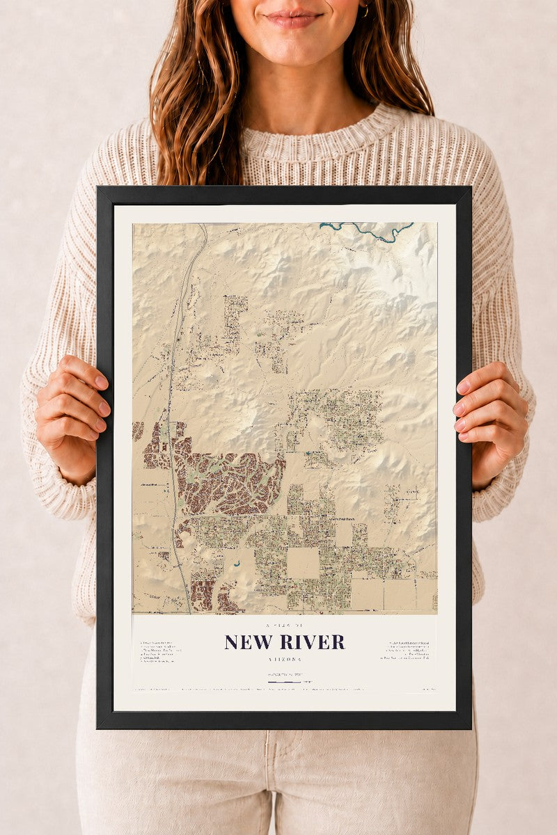 New River, Arizona map print, 12" x 18", W/ Black Ayous Wood Frame