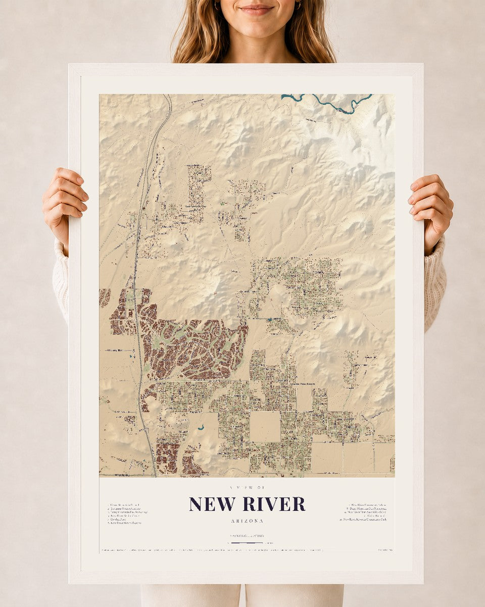 New River, Arizona map print, 24" x 36", W/ White Ayous Wood Frame