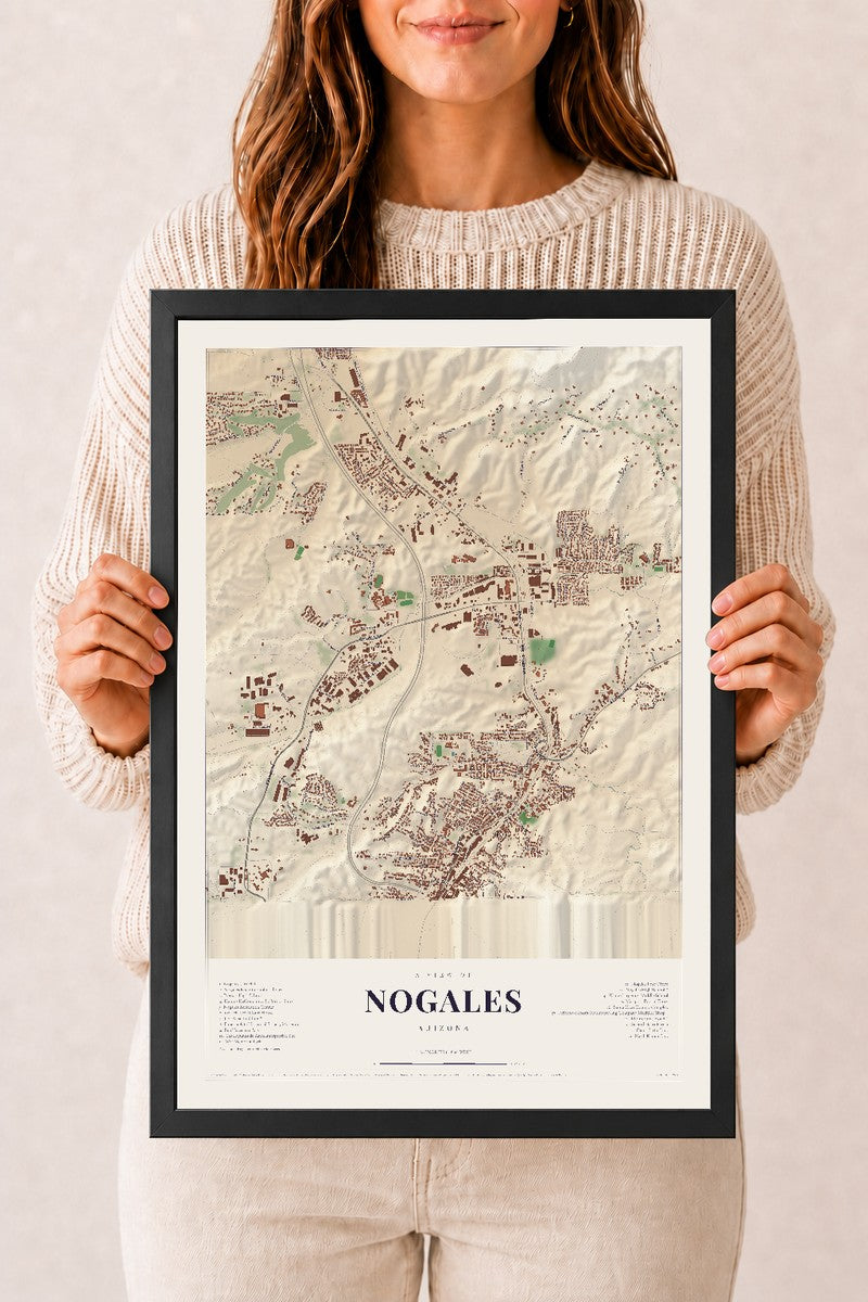 Nogales, Arizona map print, 12" x 18", W/ Black Ayous Wood Frame