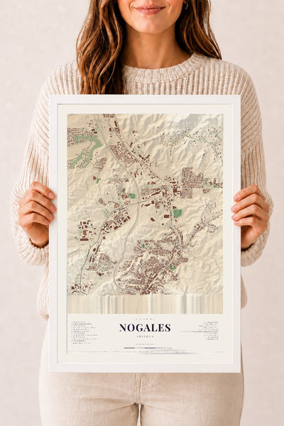 Nogales, Arizona map print, 12" x 18", W/ White Ayous Wood Frame
