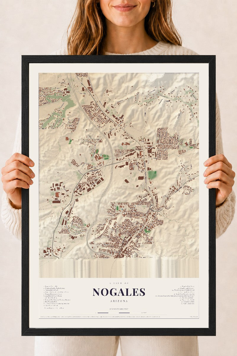 Nogales, Arizona map print, 18" x 24", W/ Black Ayous Wood Frame