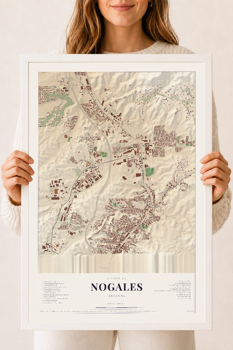 Nogales, Arizona map print, 18" x 24", W/ White Ayous Wood Frame