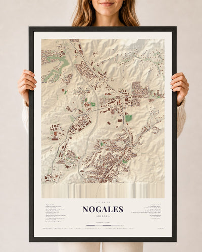 Nogales, Arizona map print, 24" x 36", W/ Black Ayous Wood Frame