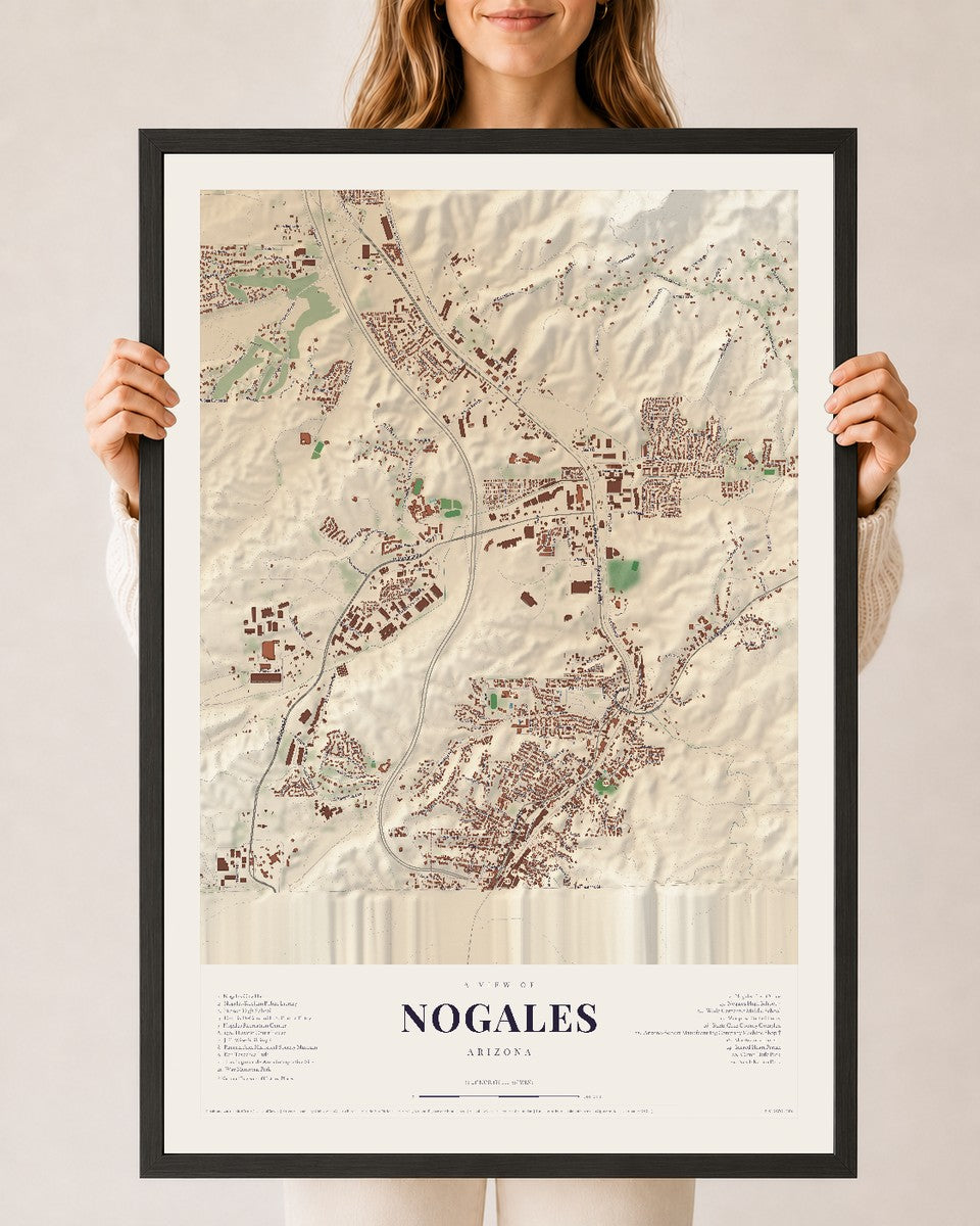 Nogales, Arizona map print, 24" x 36", W/ Black Ayous Wood Frame