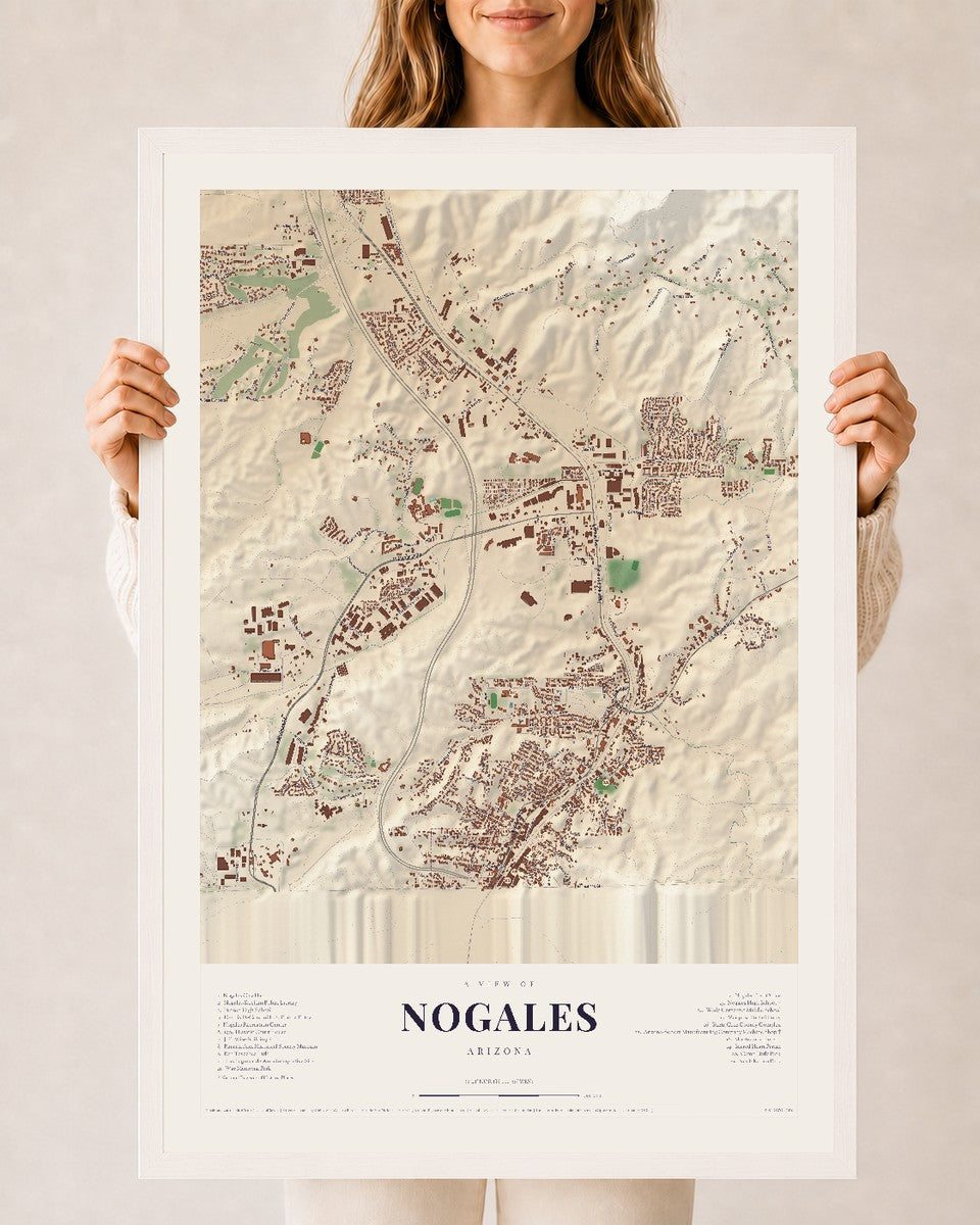 Nogales, Arizona map print, 24" x 36", W/ White Ayous Wood Frame