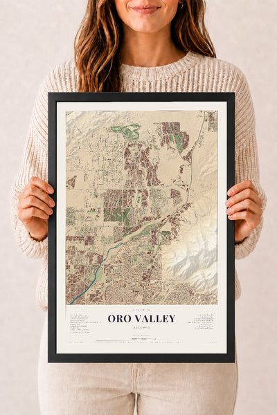Oro Valley, Arizona map print, 12" x 18", W/ Black Ayous Wood Frame