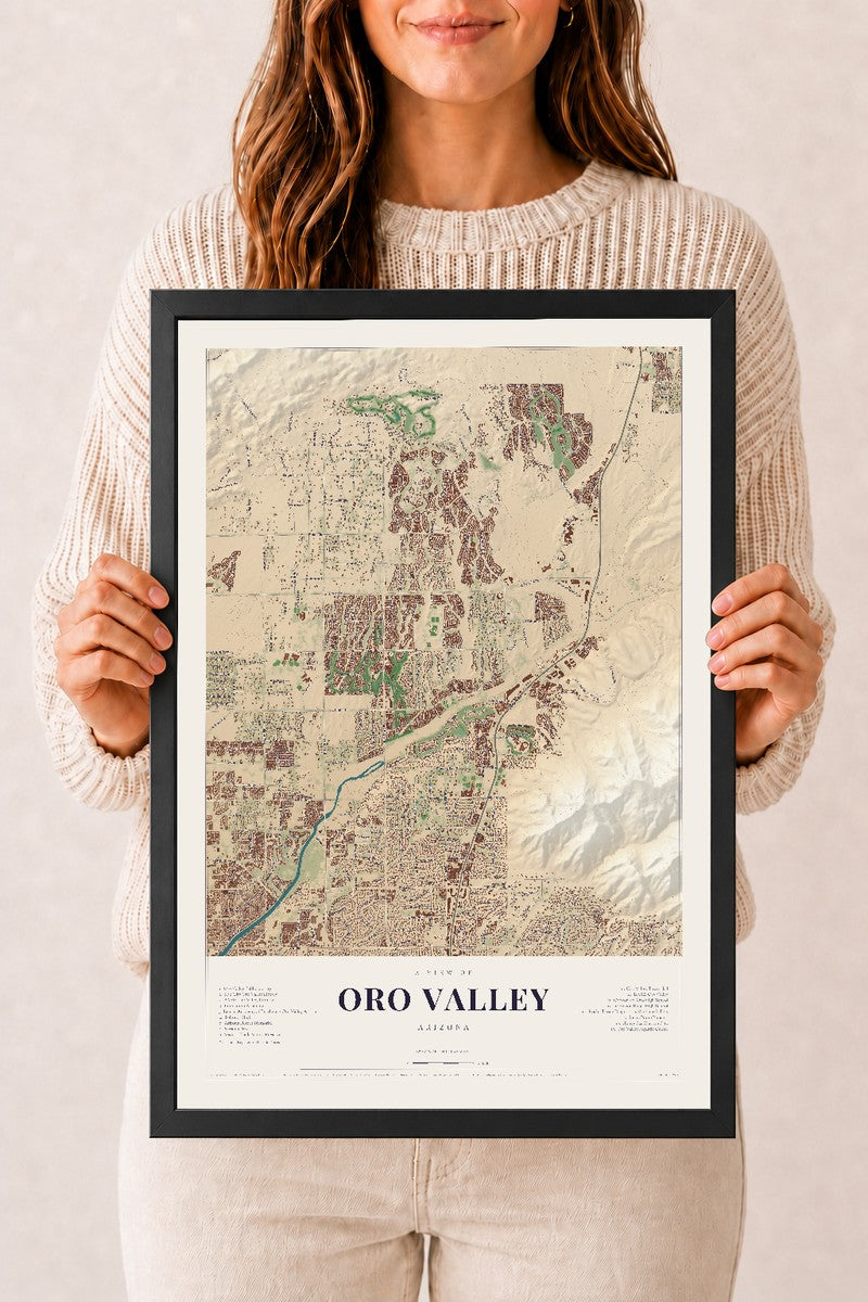 Oro Valley, Arizona map print, 12" x 18", W/ Black Ayous Wood Frame