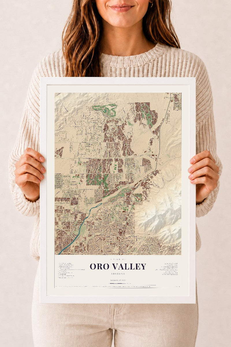 Oro Valley, Arizona map print, 12" x 18", W/ White Ayous Wood Frame