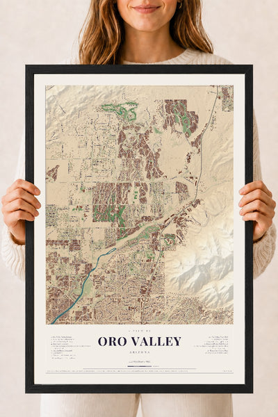 Oro Valley, Arizona map print, 18" x 24", W/ Black Ayous Wood Frame