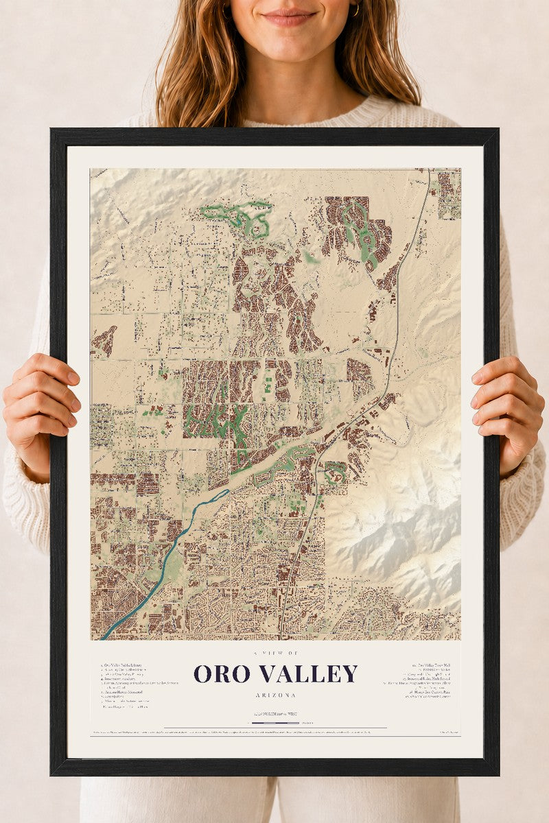 Oro Valley, Arizona map print, 18" x 24", W/ Black Ayous Wood Frame