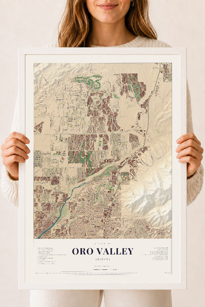 Oro Valley, Arizona map print, 18" x 24", W/ White Ayous Wood Frame